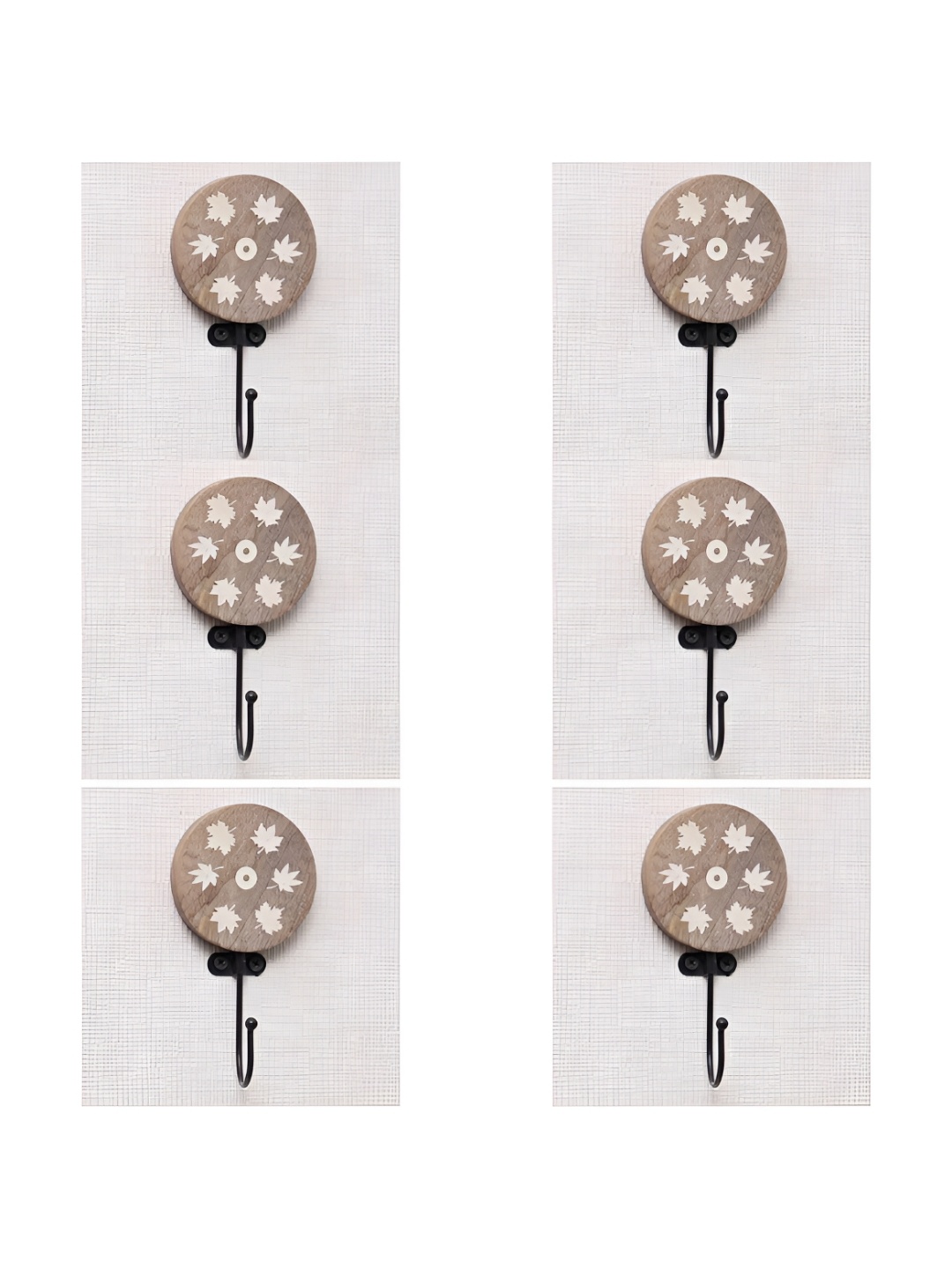 

IndianShelf Brown & White 6 Pieces Leaf Printed Wooden Wall Hooks