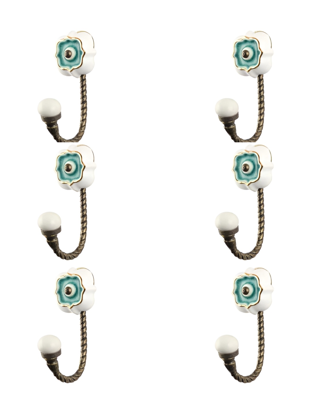 

IndianShelf Sea Green & White 6 Pieces Ceramic Hangers for Clothes Wall Mounted Key Hooks