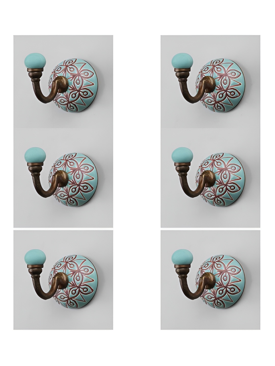 

IndianShelf Green and Blue 6 Pieces Ceramic Etched Wall Hooks