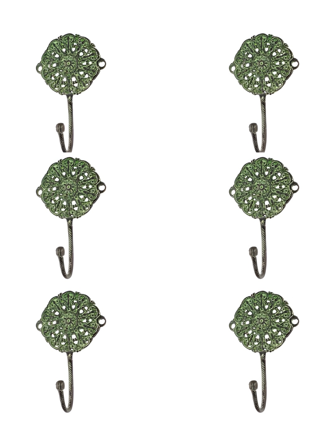 IndianShelf Bronze & Green 6 Pieces Brass Floral Clothes Hanger for Wall Hooks