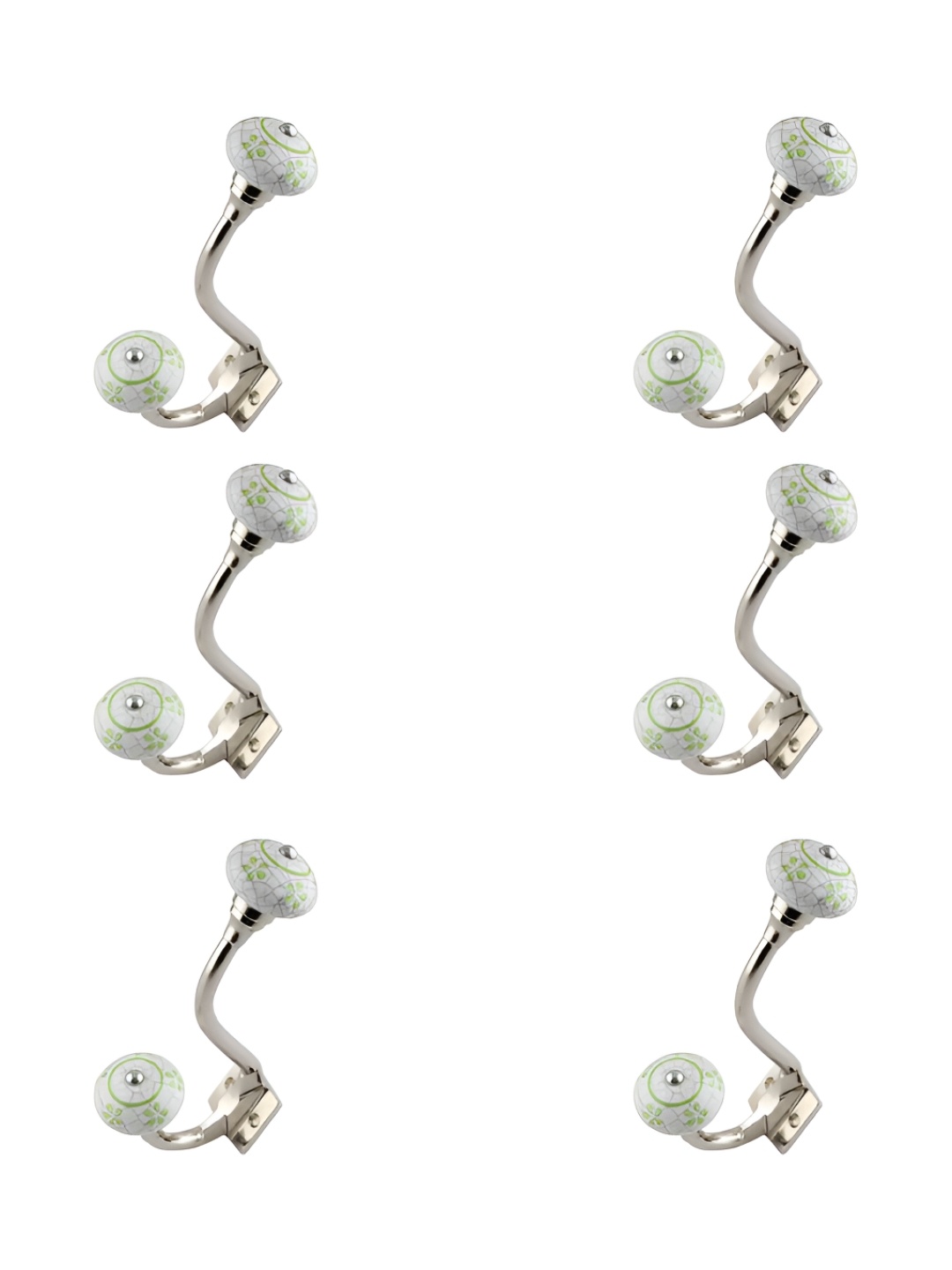 IndianShelf White & Green 6 Pieces Floral Printed Ceramic Wall Hooks