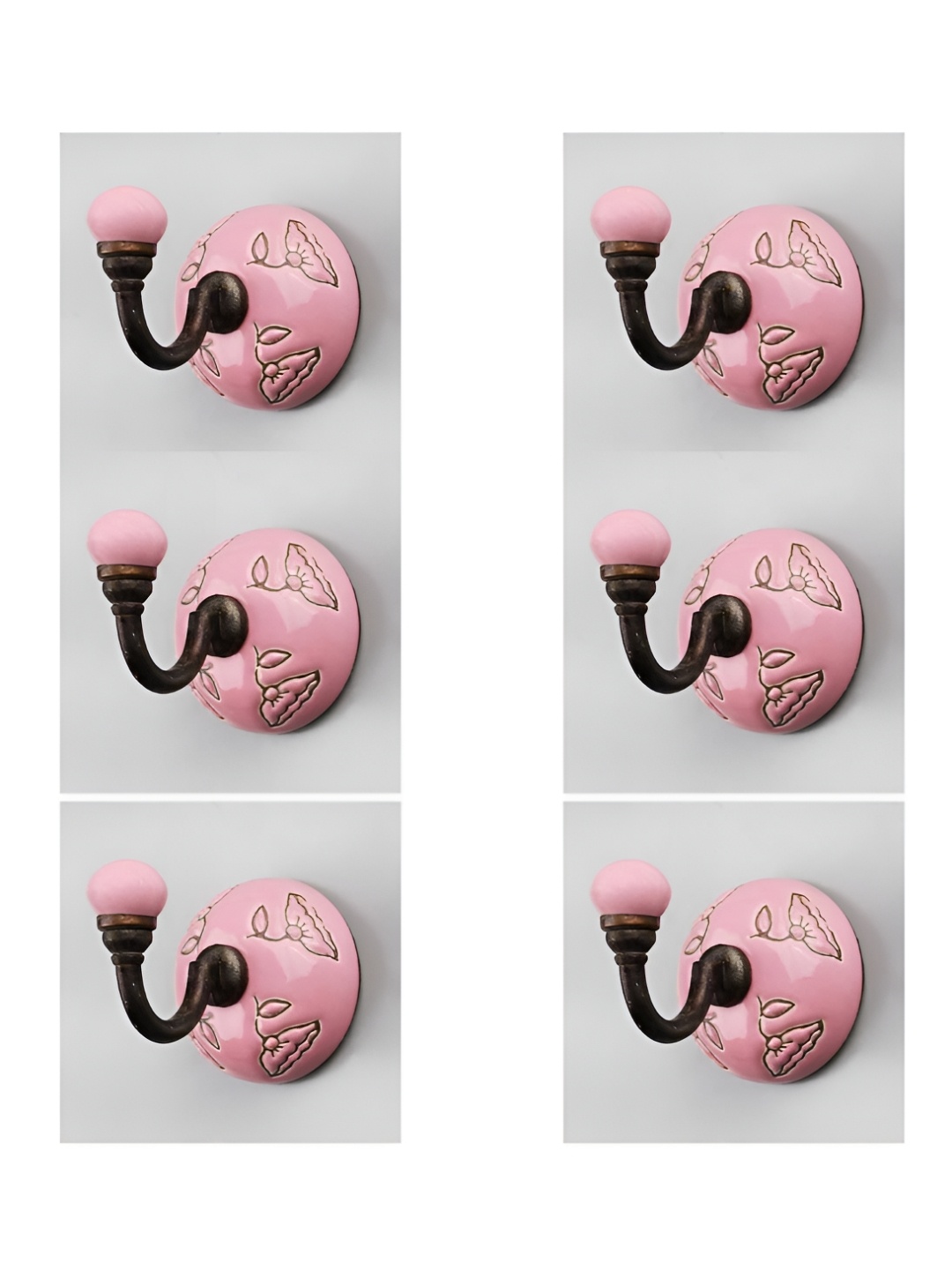 

IndianShelf Pink and Brown 6 Pieces Ceramic Lily Printed Wall Hooks