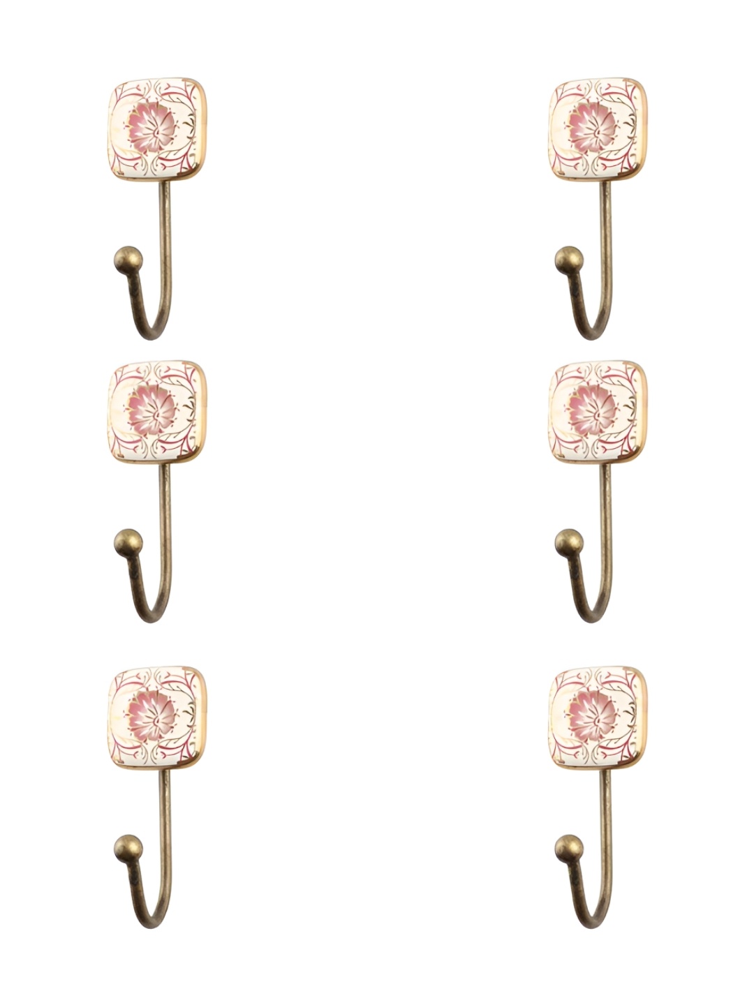 

IndianShelf Beige and Pink 6 Pieces Ceramic Floral Printed Wall Hooks, White