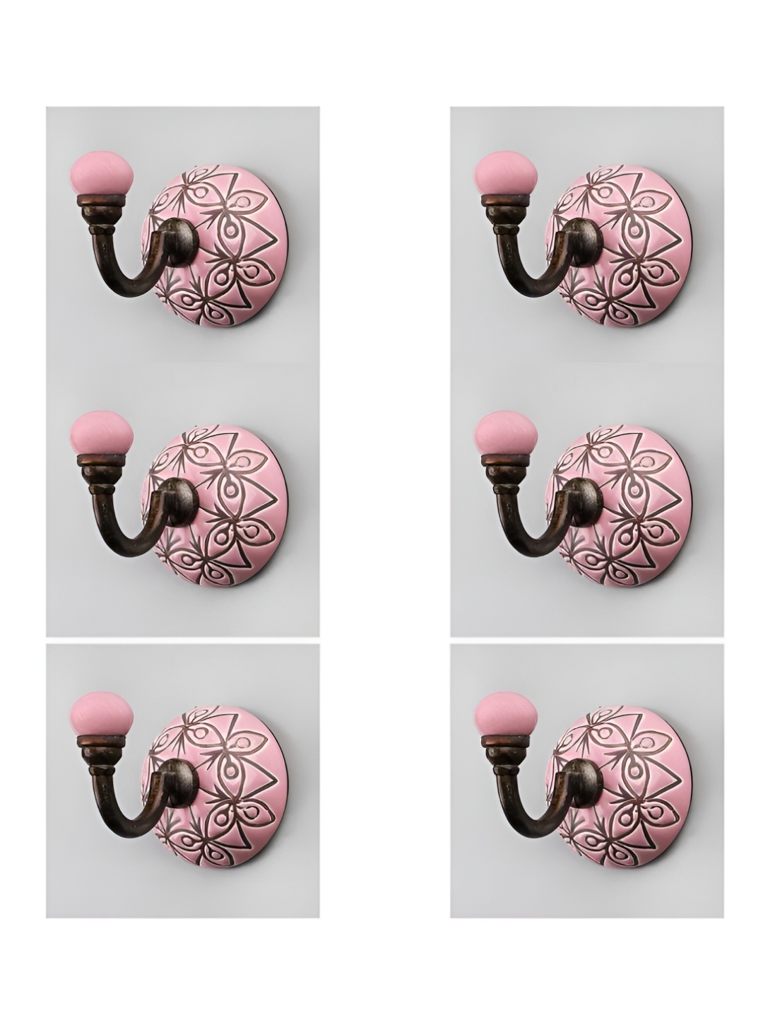 

IndianShelf Pink & Brown 6 Pieces Ceramic Etched Wall Hooks