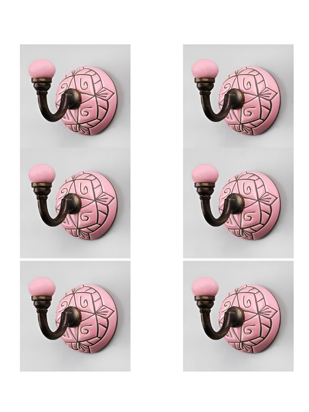 

IndianShelf Pink & Brown 6 Pieces Ceramic Etched Cloth Hanger for Wall Key Holders