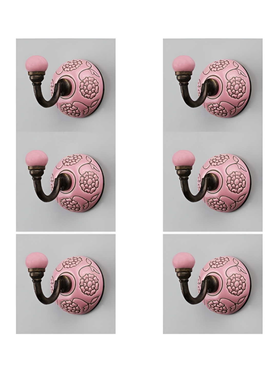 

IndianShelf Pink 6 Pieces Ceramic Floral Etched Wall Hooks