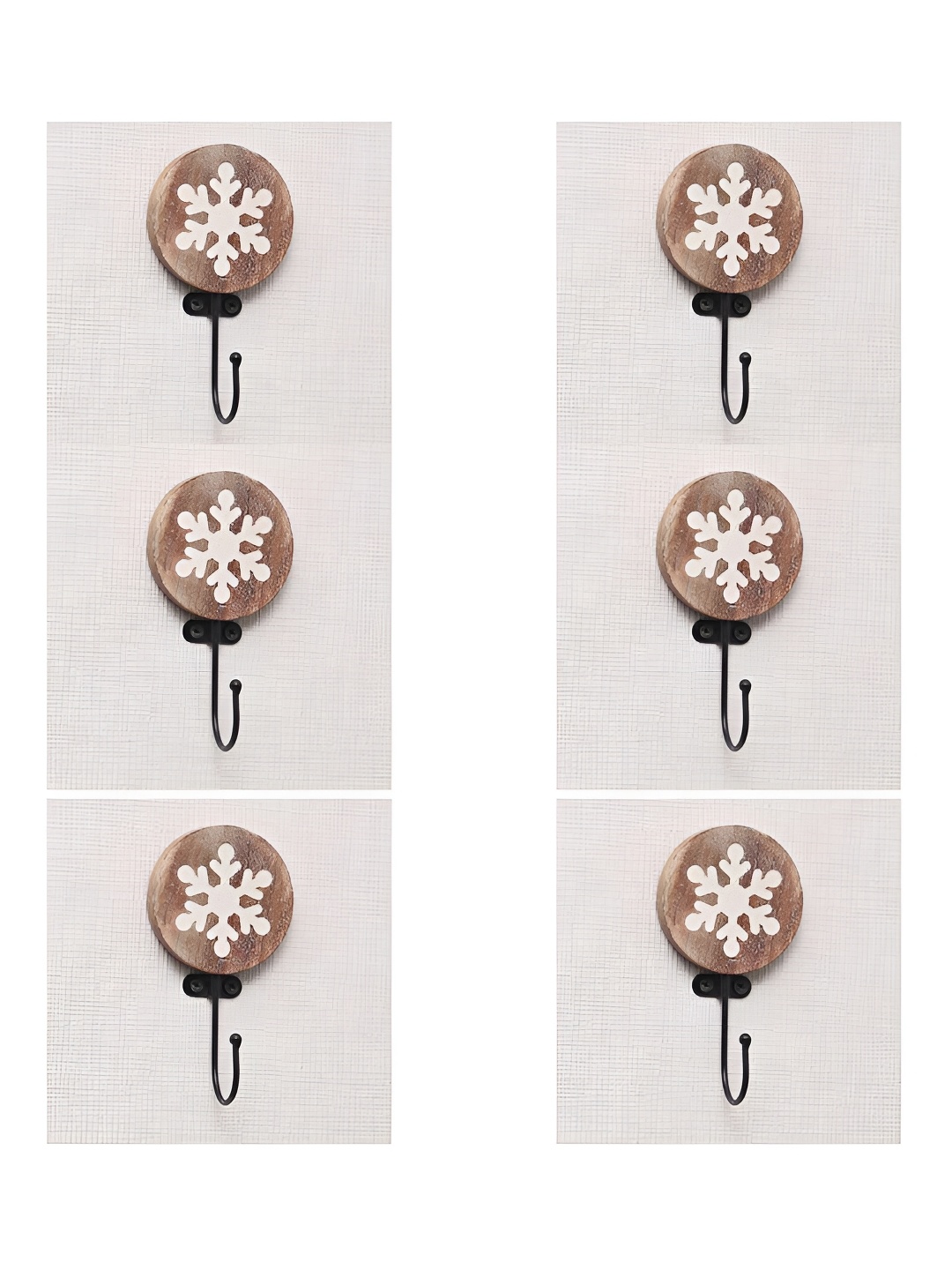 

IndianShelf Brown & White 6 Pieces Wood Snowflake Wall Hangers Key Hooks