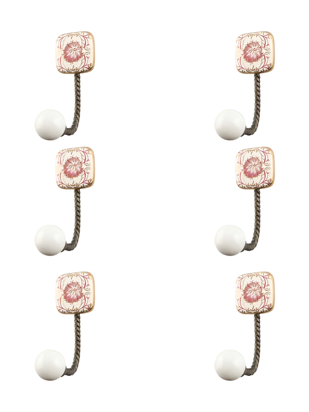 

IndianShelf Pink 6 Pieces Floral Printed Ceramic Wall Hooks