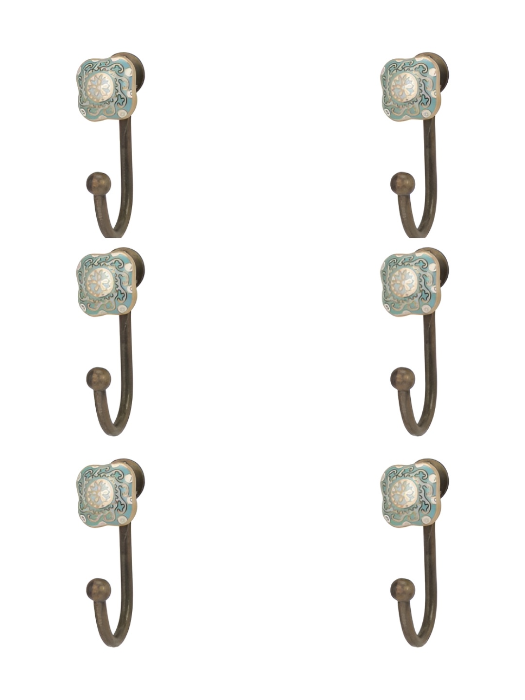

IndianShelf Sea Green and White 6 Pieces Floral Printed Ceramic Wall Hooks