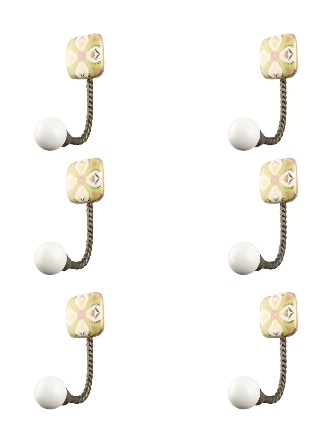 

IndianShelf Lime Green and White 6 Pieces Ceramic Leaf Printed Wall Hooks
