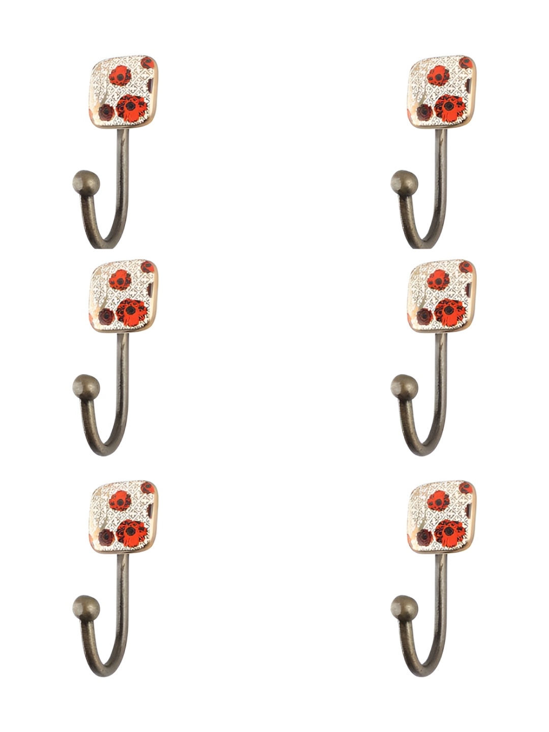 

IndianShelf Beige 6 Pieces Floral Printed Ceramic Etched Wall Hooks