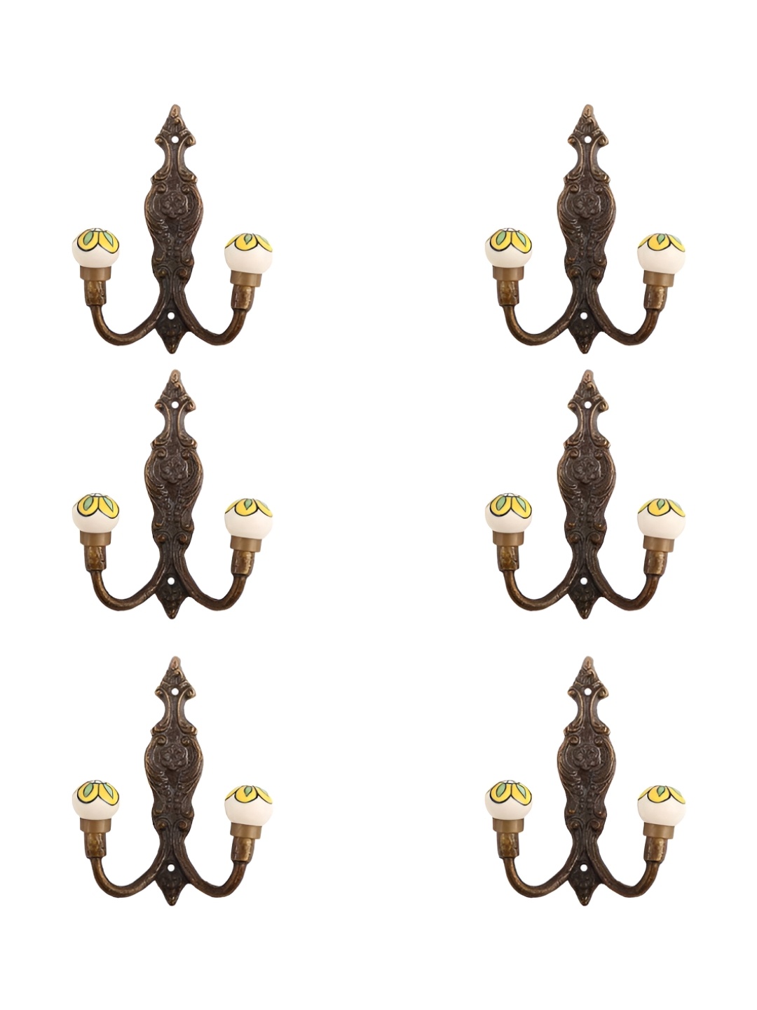IndianShelf Brown & Yellow 6 Pieces Floral Printed Ceramic Wall Hooks