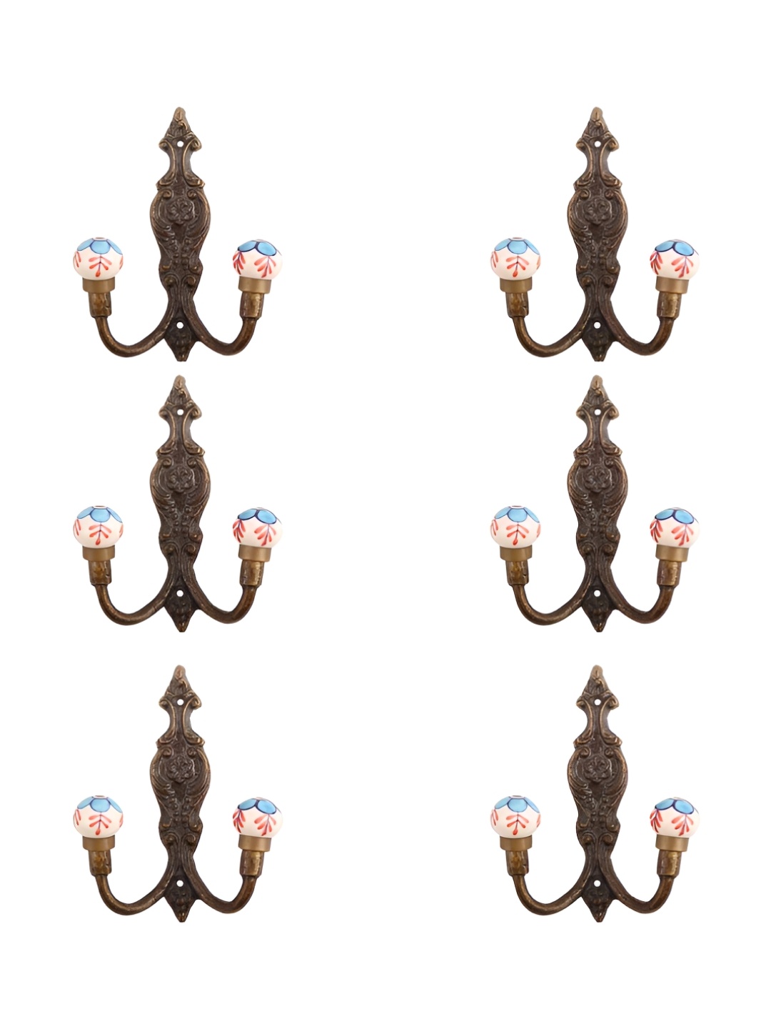 

IndianShelf Turquoise Blue and Bronze 6 Pieces Floral Printed Ceramic Wall Hooks
