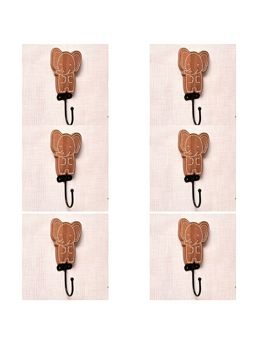 

IndianShelf Brown & Black 6 Pieces Elephant Printed Wooden Wall Hooks