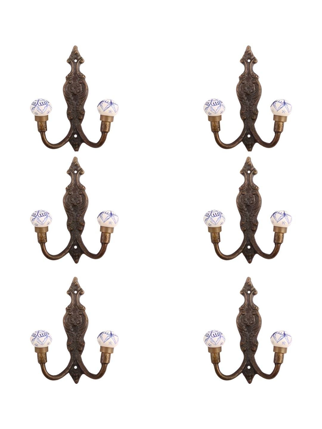 

IndianShelf Blue & Brown 6 Pieces Ceramic Floral Key Hooks Hangers