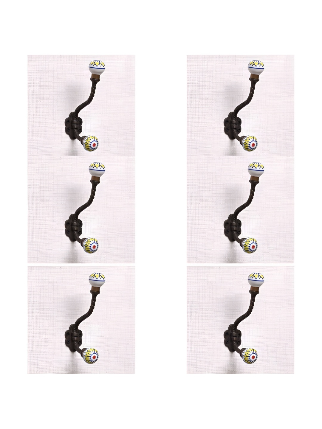 

IndianShelf White and Blue 6 Ceramic Floral Printed Wall Hooks