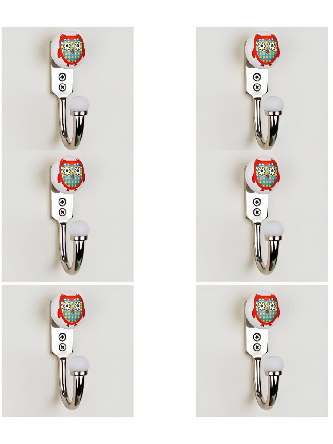 

IndianShelf White & Red 6 Pieces Ceramic & Zinc Owl Wall Mounted Wall Hooks