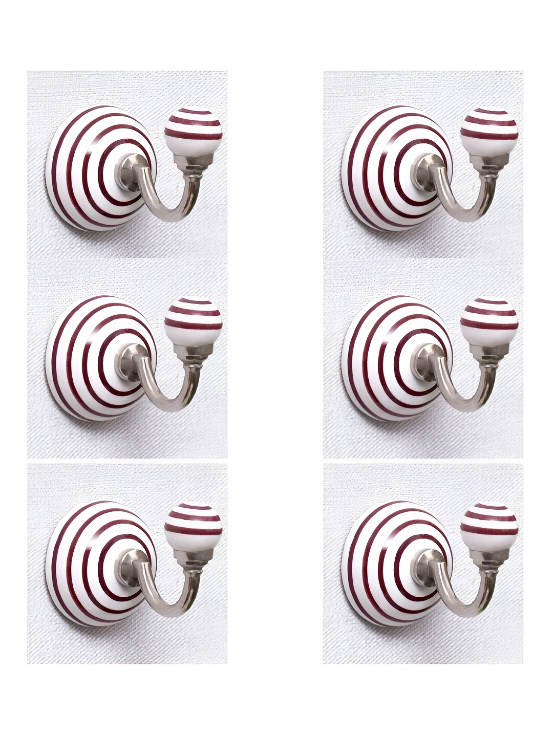 

IndianShelf White & Maroon 6 Pieces Stripped Printed Ceramic Wall Hook