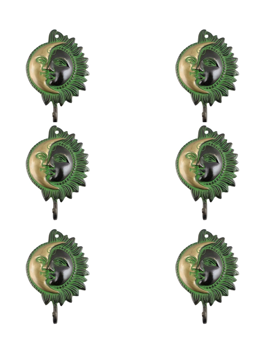 

IndianShelf Bronze & Green 6 Pieces Brass Sun Moon Coat Hooks