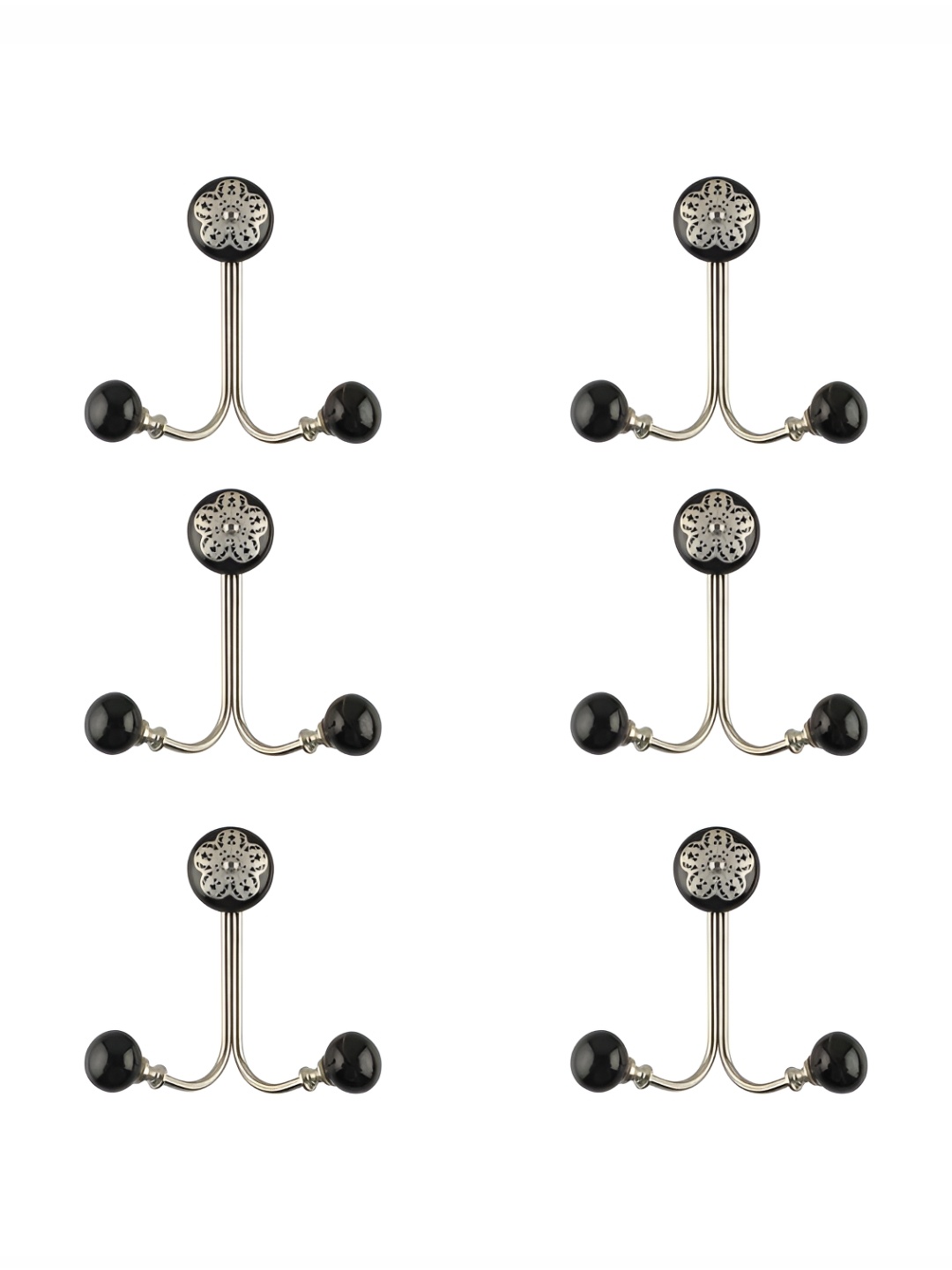 

IndianShelf Silver-Toned & Black 6 Pieces Floral Ceramic Strewn Wall Hooks
