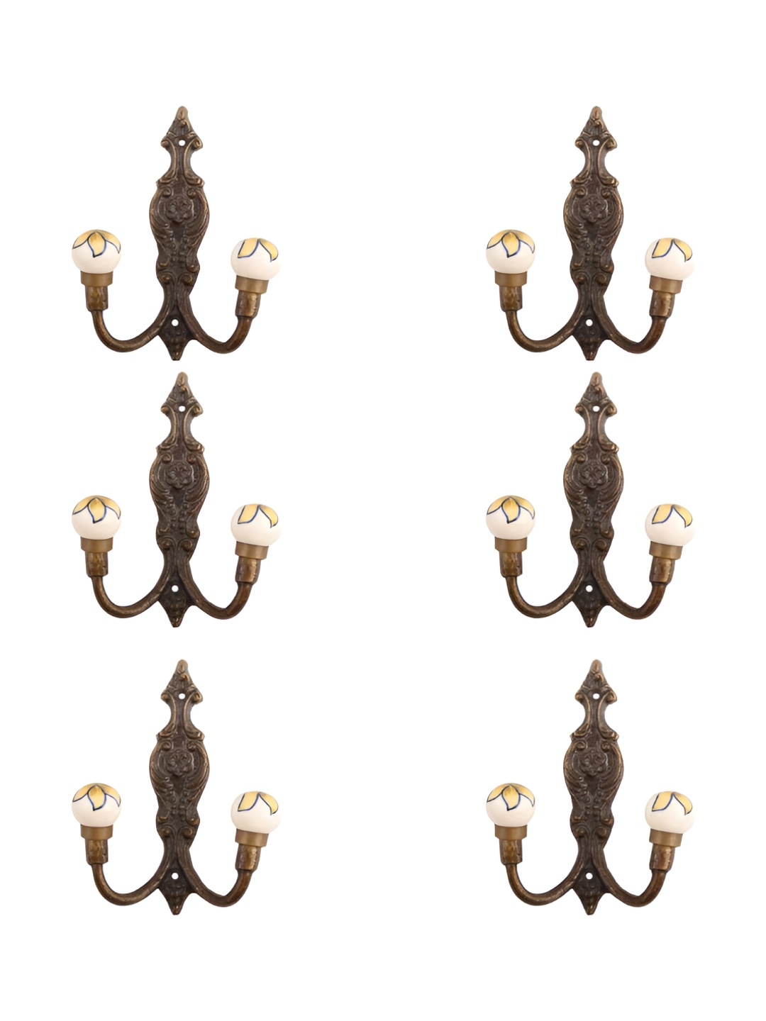 

IndianShelf Bronze and White 6 Pieces Ceramic Floral Wall Hooks