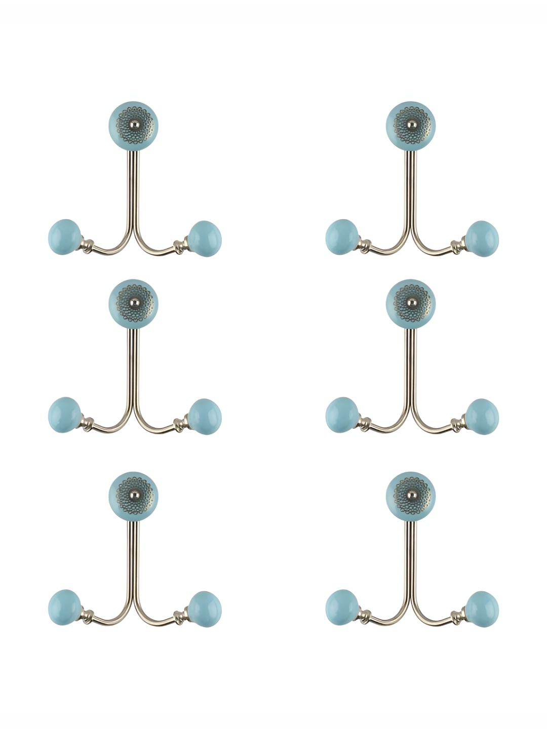 

IndianShelf Silvertoned and Turquoise Blue 6 Pieces Ceramic Strewn Wall Hooks, Silver