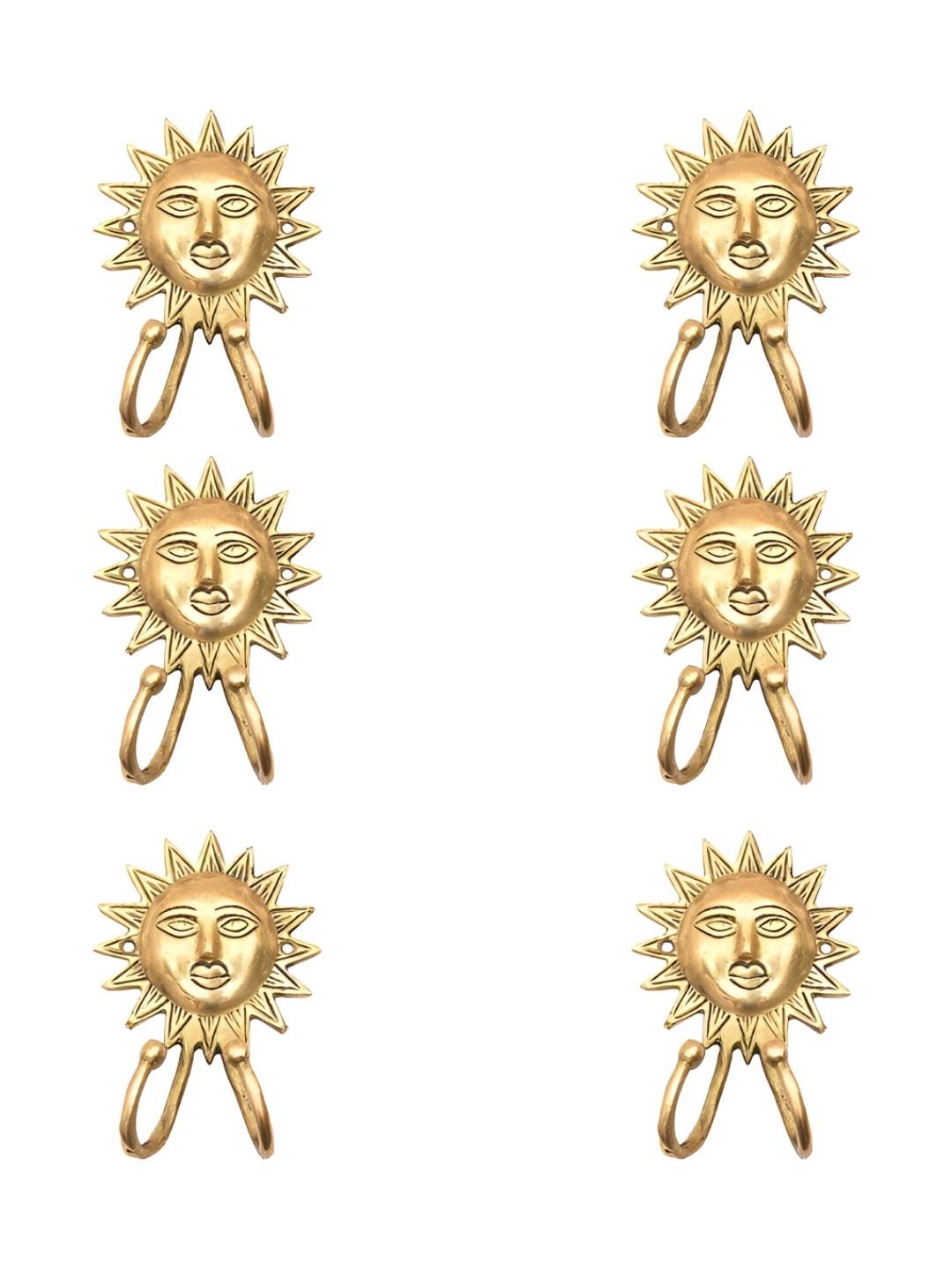 

IndianShelf Gold Toned 6 Pieces Surya Dev Face Textured Brass Wall Hooks