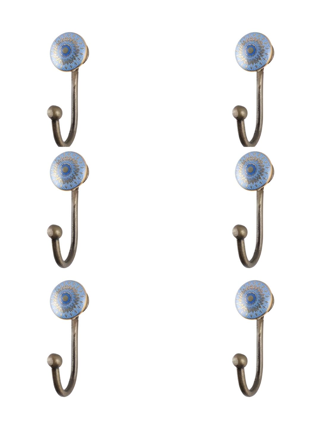 

IndianShelf Blue & Gold Toned 6 Pieces Printed Ceramic Wall Hooks