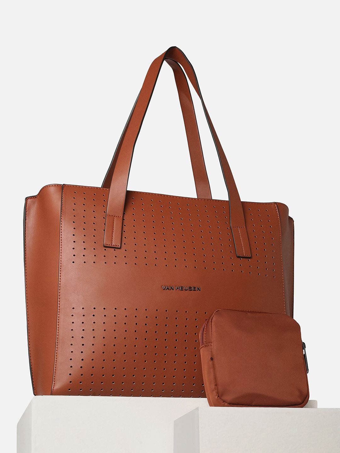 Van Heusen Woman Solid Structured Shoulder Bag With Pouch, Brown
