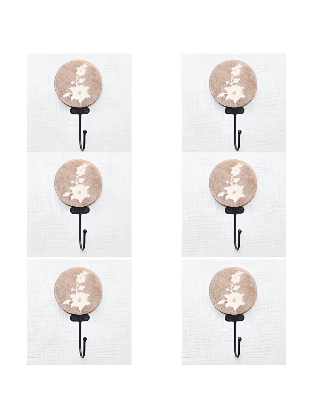 

IndianShelf Brown and White 6 Pieces Wooden Floral Printed Wall Hooks