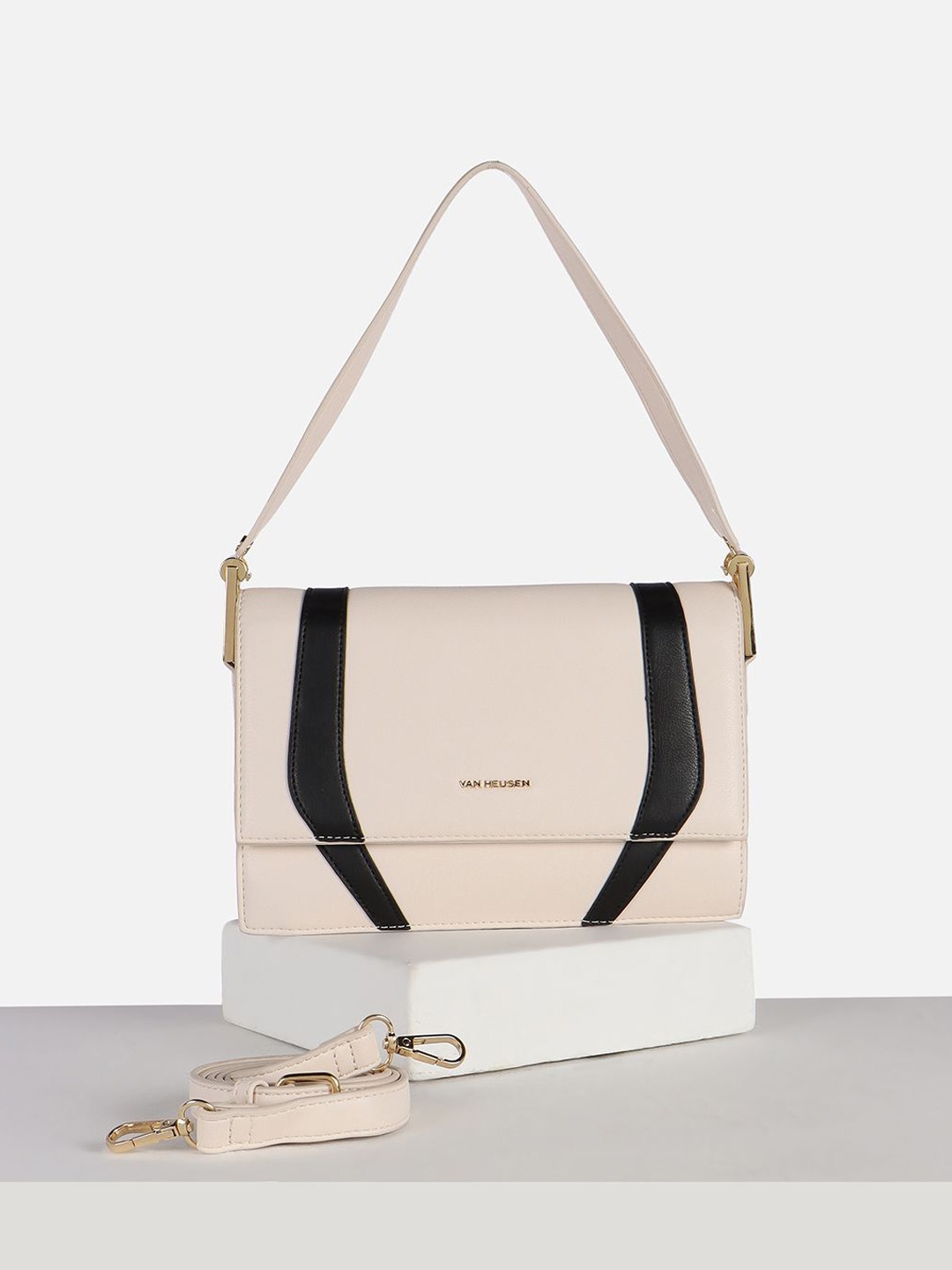 

Van Heusen Woman Colourblocked Structured Satchel Bag, Beige