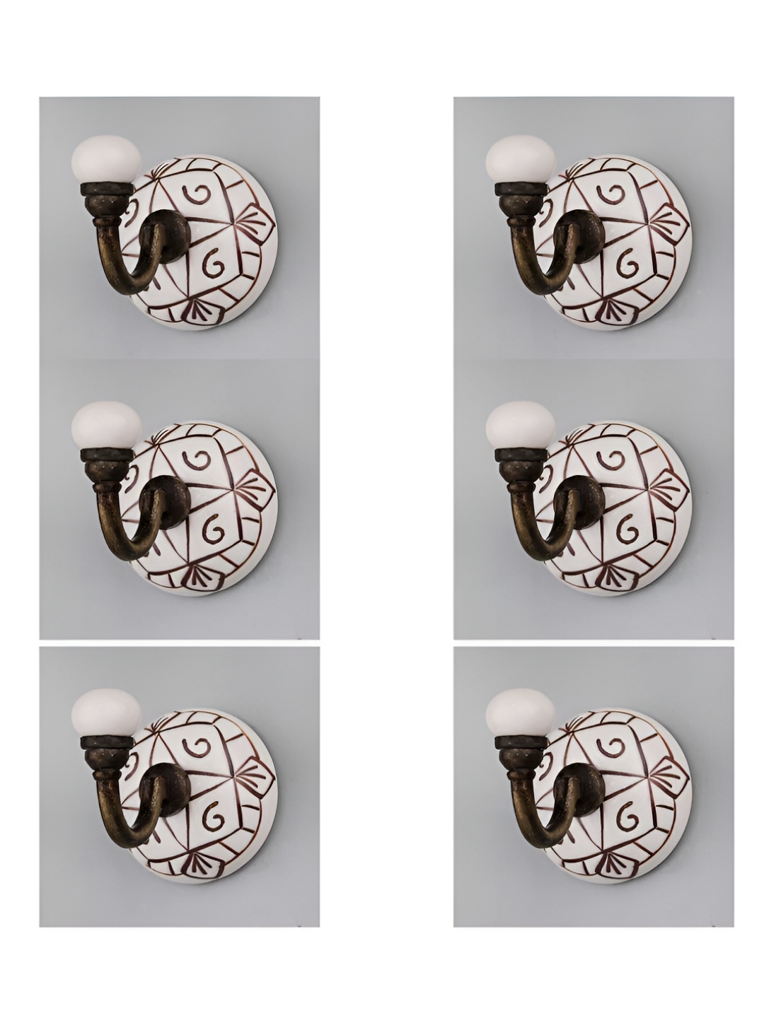 

IndianShelf White & Brown 6 Pieces Ceramic Etched Wall Hooks