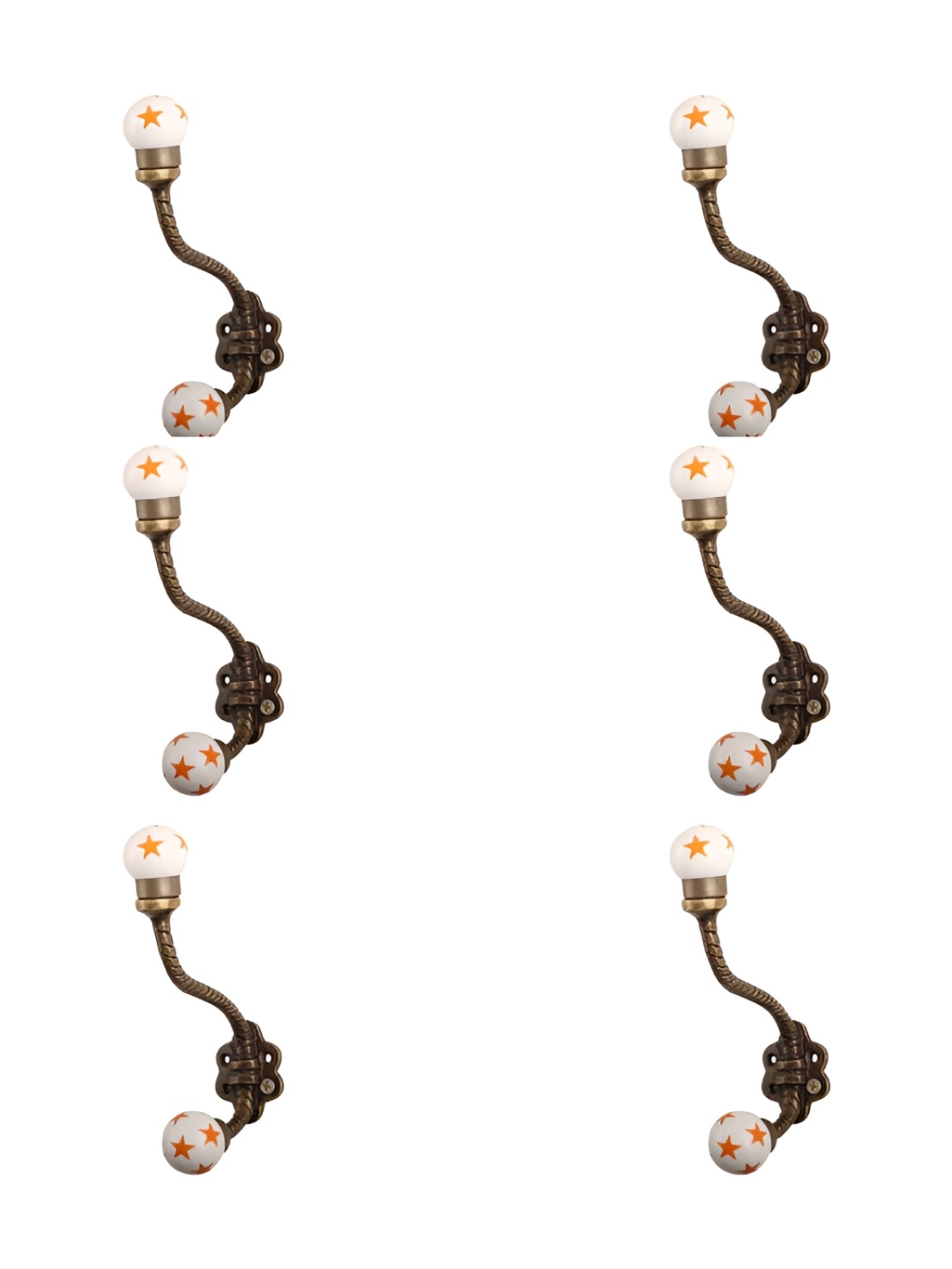 IndianShelf Orange & Brown 6 Pieces Ceramic Star Floral Key Hooks