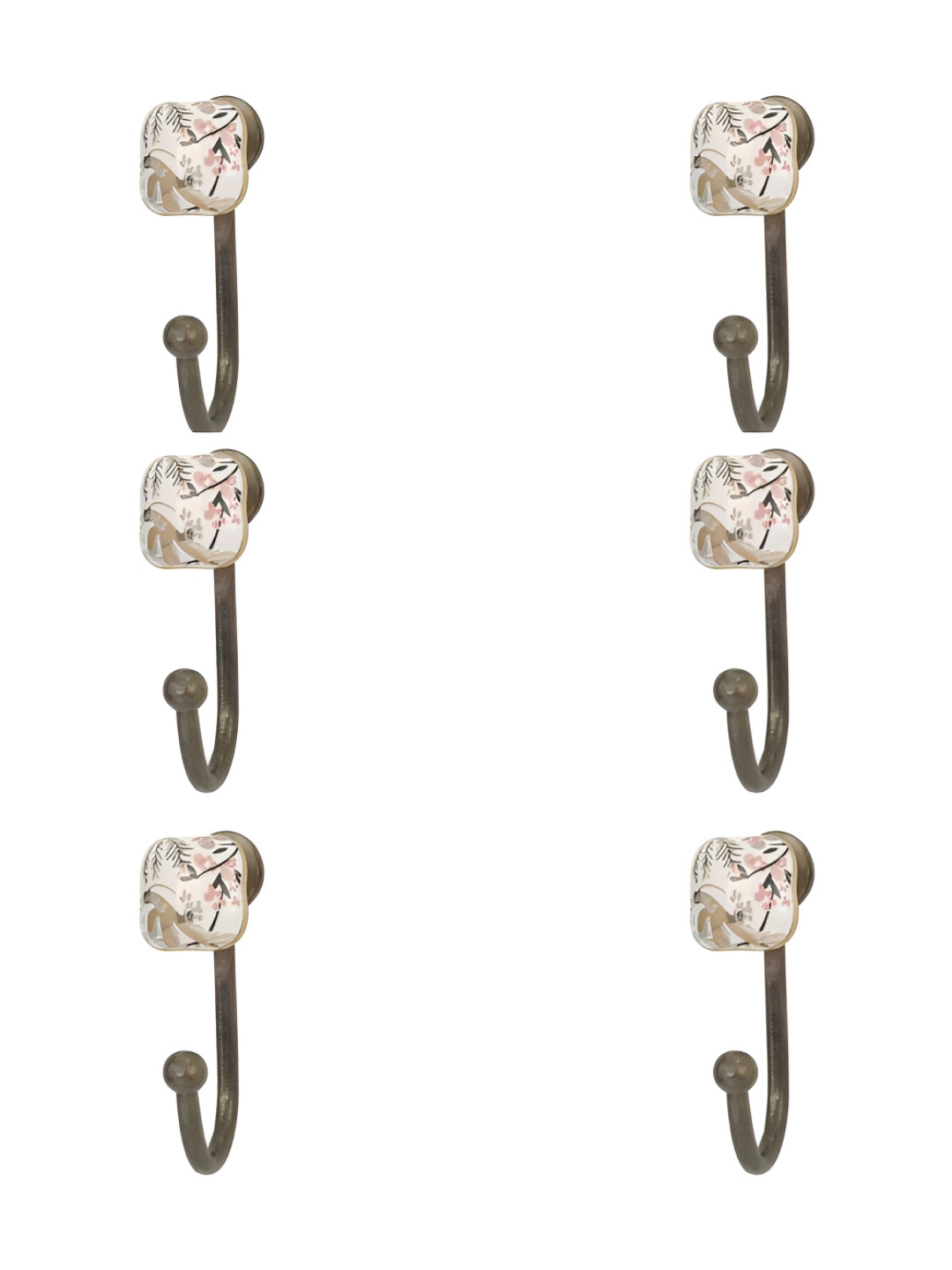 

IndianShelf Off White & Brown 6 Pieces Ceramic Floral Coat Hooks Door Hangers