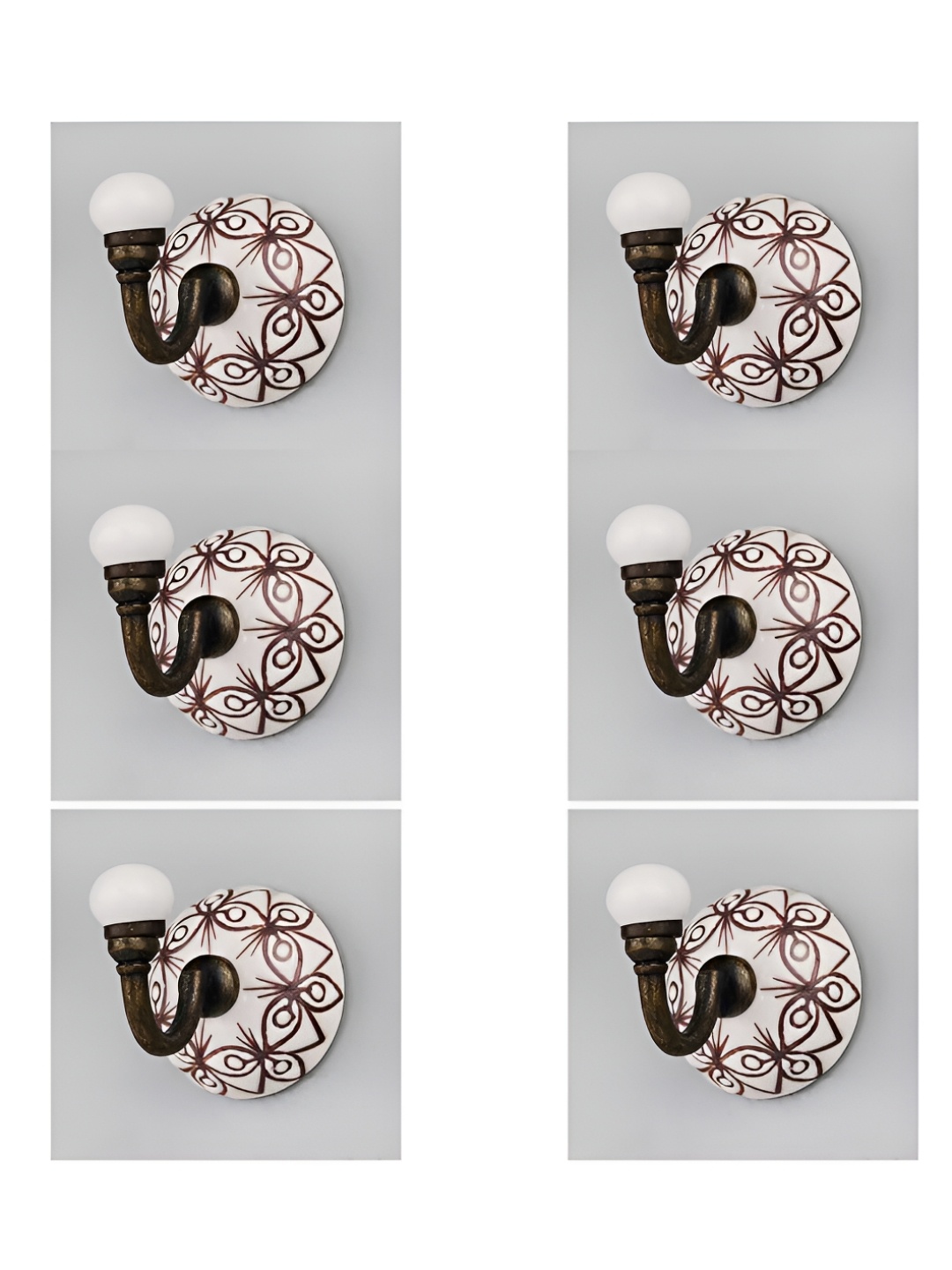 

IndianShelf White & Brown 6 Pieces Ceramic Etched Door Hangers Wall Hooks