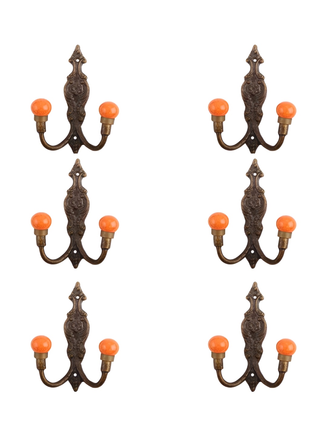 

IndianShelf Orange Colored & Brown 6 Pieces Crackle Printed Ceramic Wall Hooks