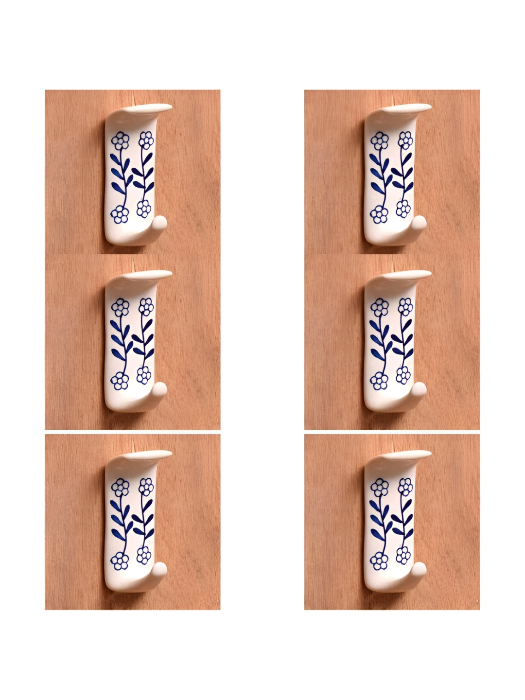 

IndianShelf White & Blue 6 Pieces Ceramic Floral Adhesive Wall Mounted Hooks