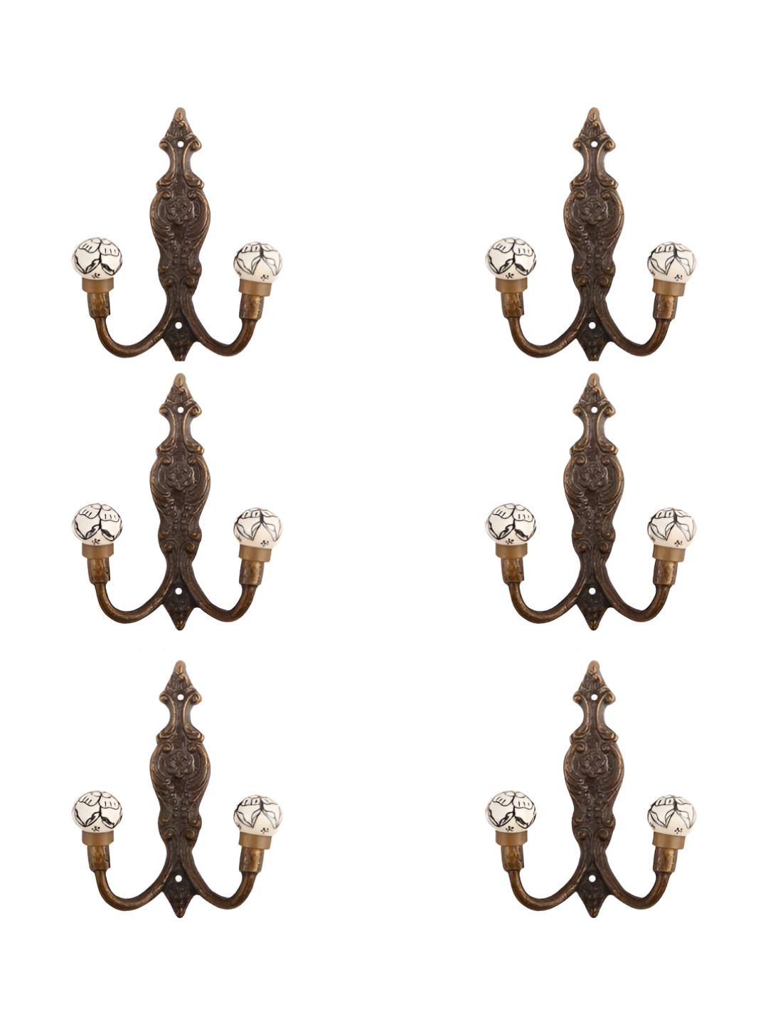 

IndianShelf Black & White 6 Pieces Floral Printed Ceramic Wall Hooks
