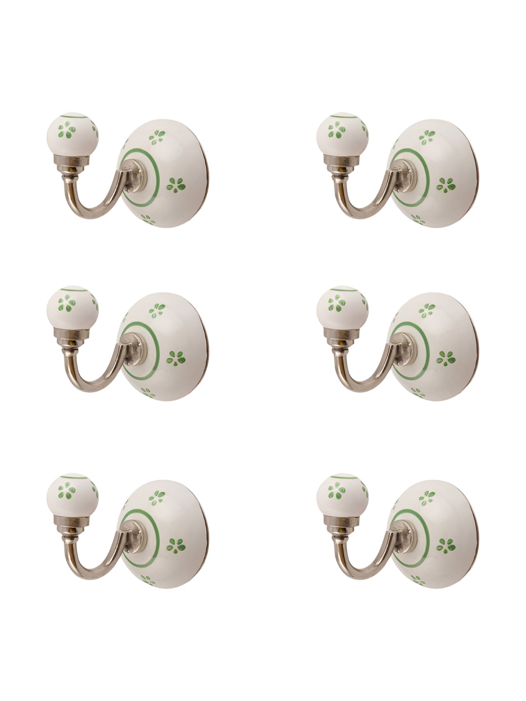 

IndianShelf White and Green 6 Pieces Ceramic Tiny Wall Hooks