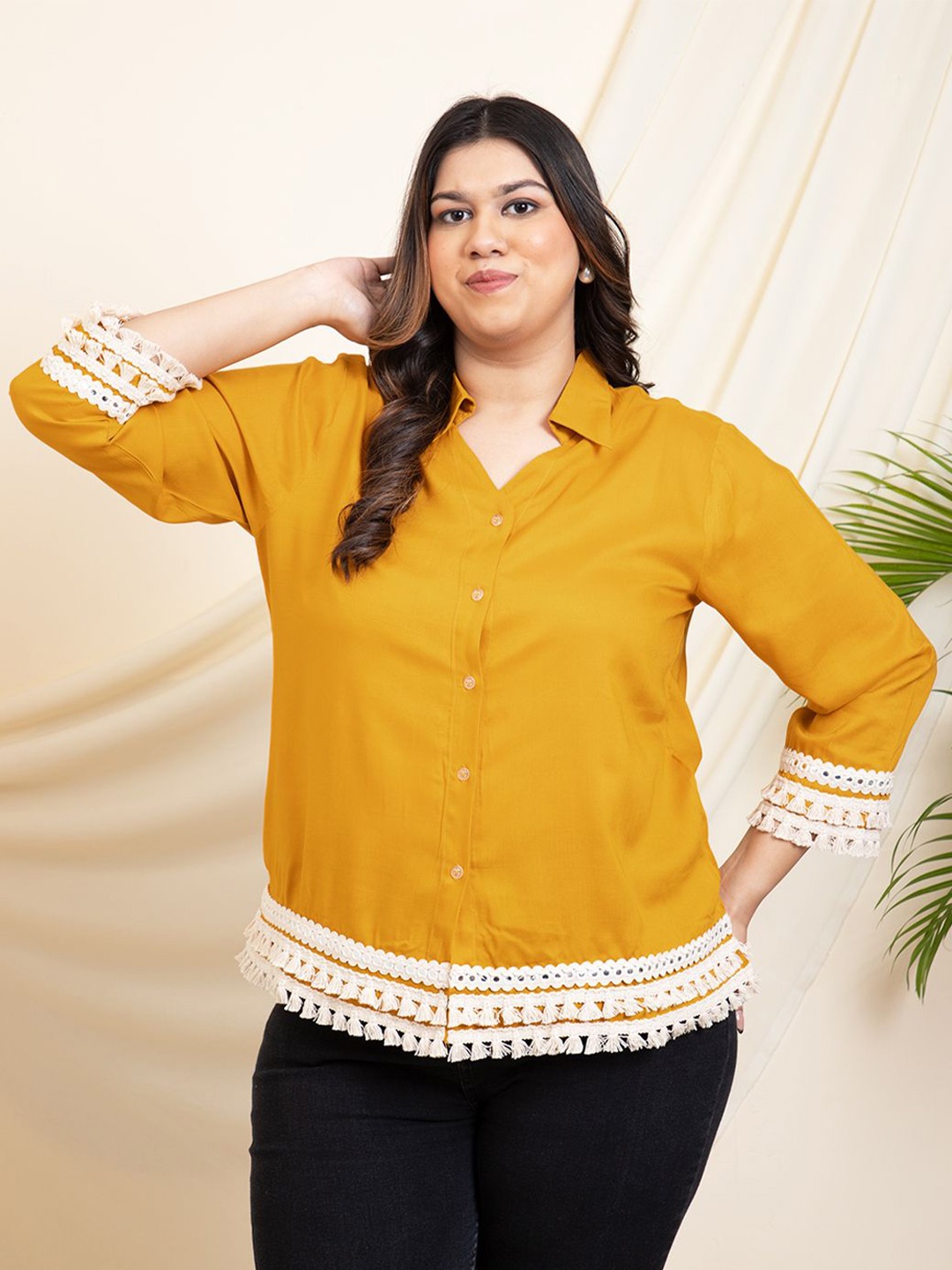 

DEEBACO Women Plus Size Relaxed Spread Collar Solid Relaxed Fit Casual Shirt, Mustard