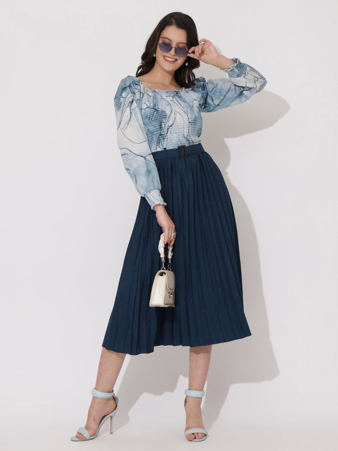 

Femvy Women Printed Crepe Fit & Flare Dress, Blue