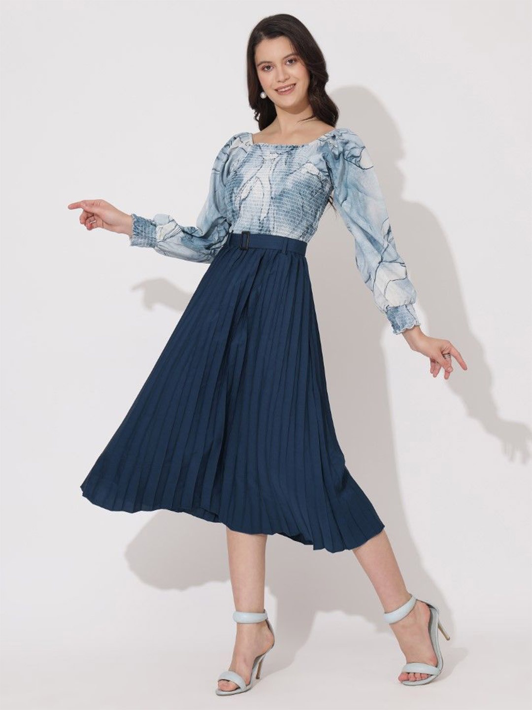 

Femvy Printed Smocked Detail Fit & Flare Dress, Blue