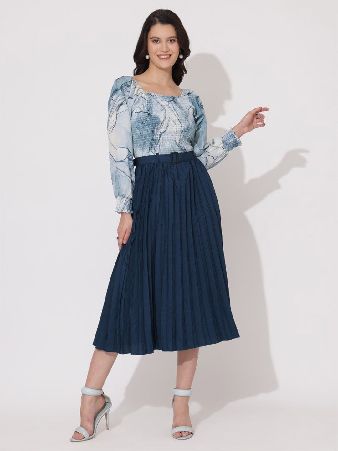 

Femvy Women Printed Long Sleeves Fit & Flare Midi Dress, Blue