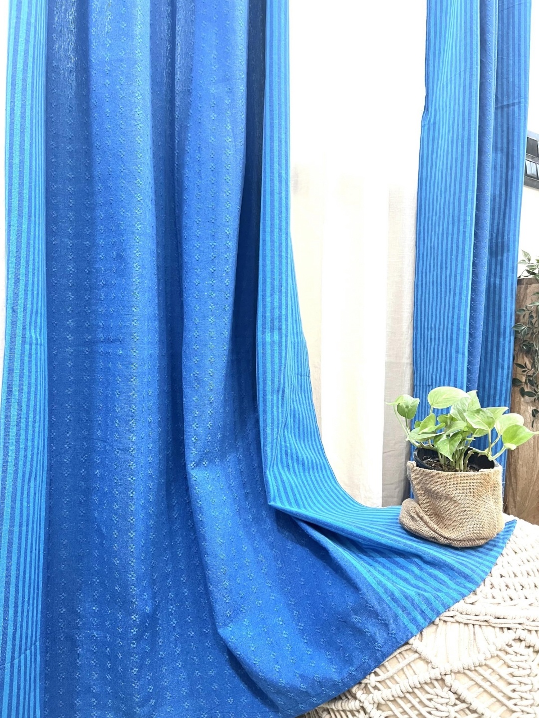 

RANGBHAR Blue 2 Pieces Striped Pure Cotton Sheer Door Curtains