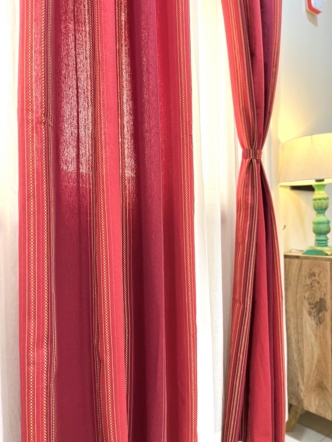 

RANGBHAR Red & Beige 2 Pieces Pure Cotton Striped Sheer Long Door Curtains