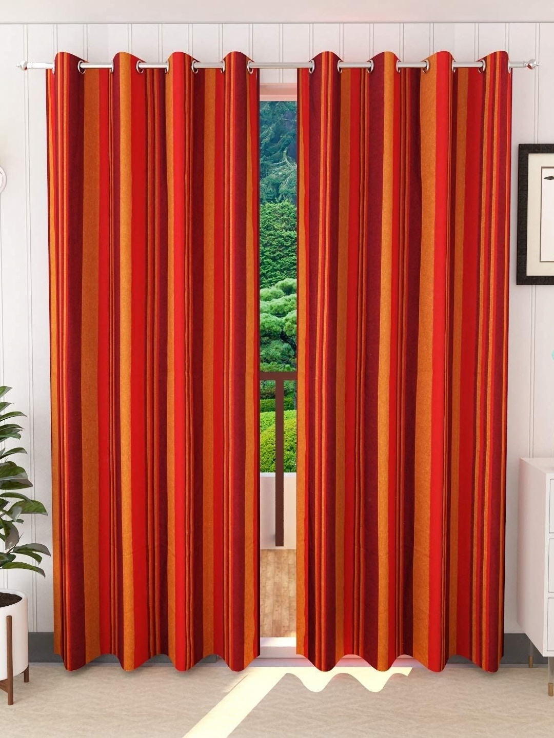 

RANGBHAR Red & Mustard 2 Pieces Striped Pure Cotton Sheer Long Door Curtains