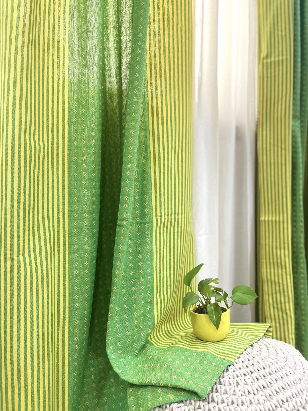 

RANGBHAR Green & Yellow 2 Pieces Striped Pure Cotton Sheer Window Curtains