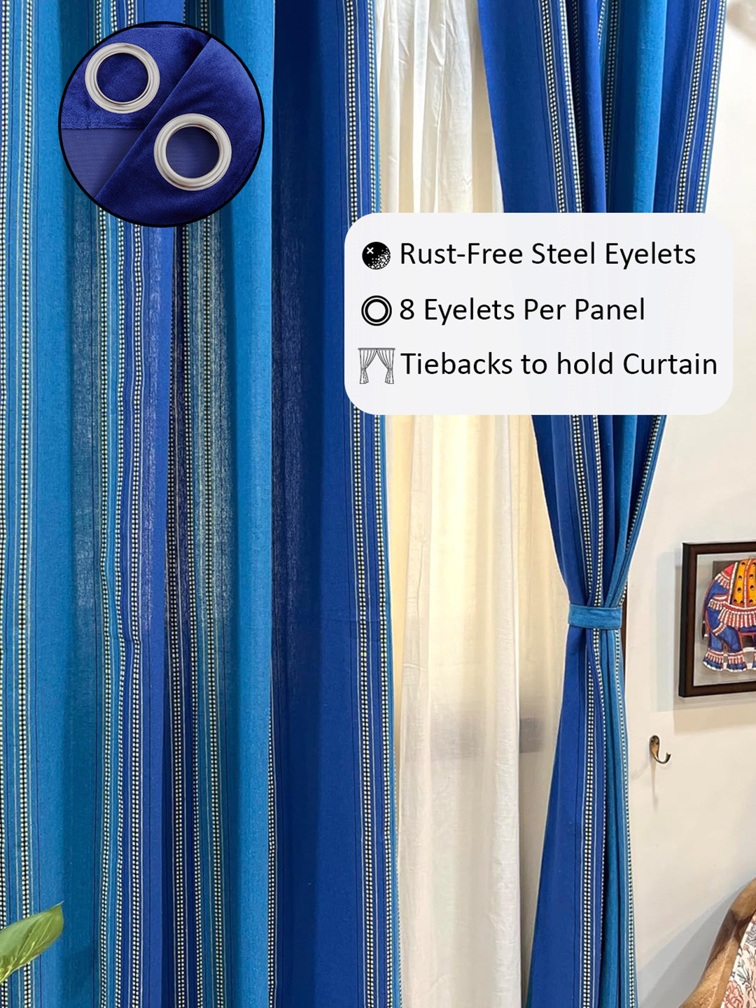 

RANGBHAR Blue & White 2 Pieces Striped Pure Cotton Sheer Window Curtains