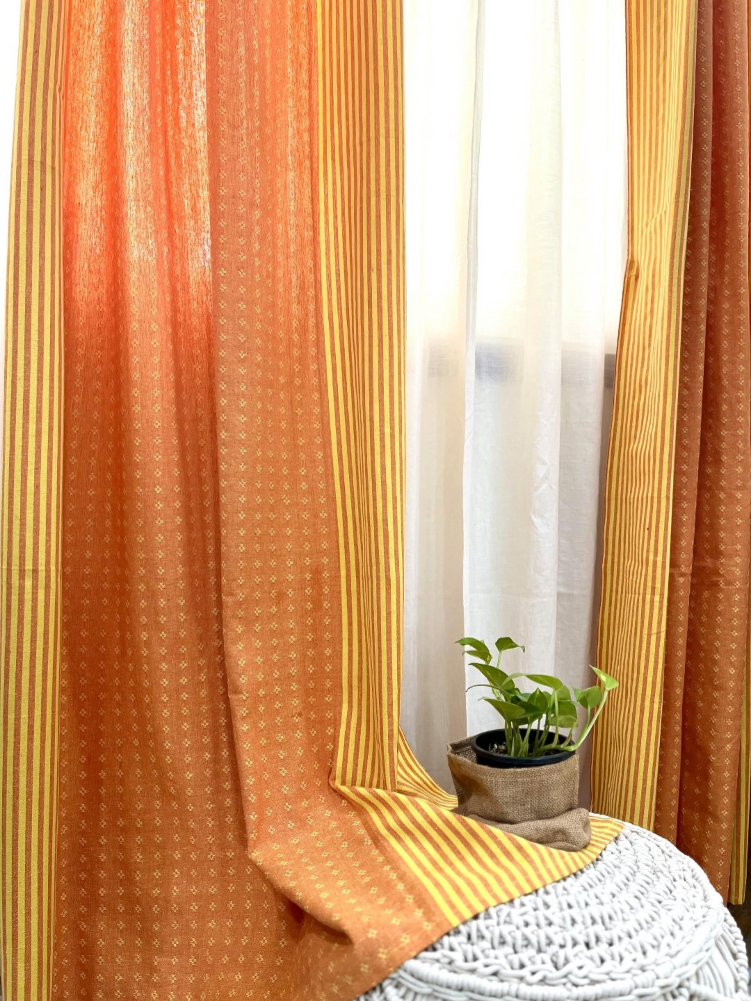 

RANGBHAR Orange & Yellow 2 Pieces Striped Pure Cotton Sheer Door Curtains