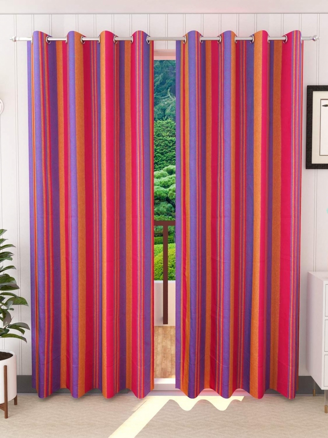 

RANGBHAR Pink & Blue 2 Pieces Striped Pure Cotton Door Curtains